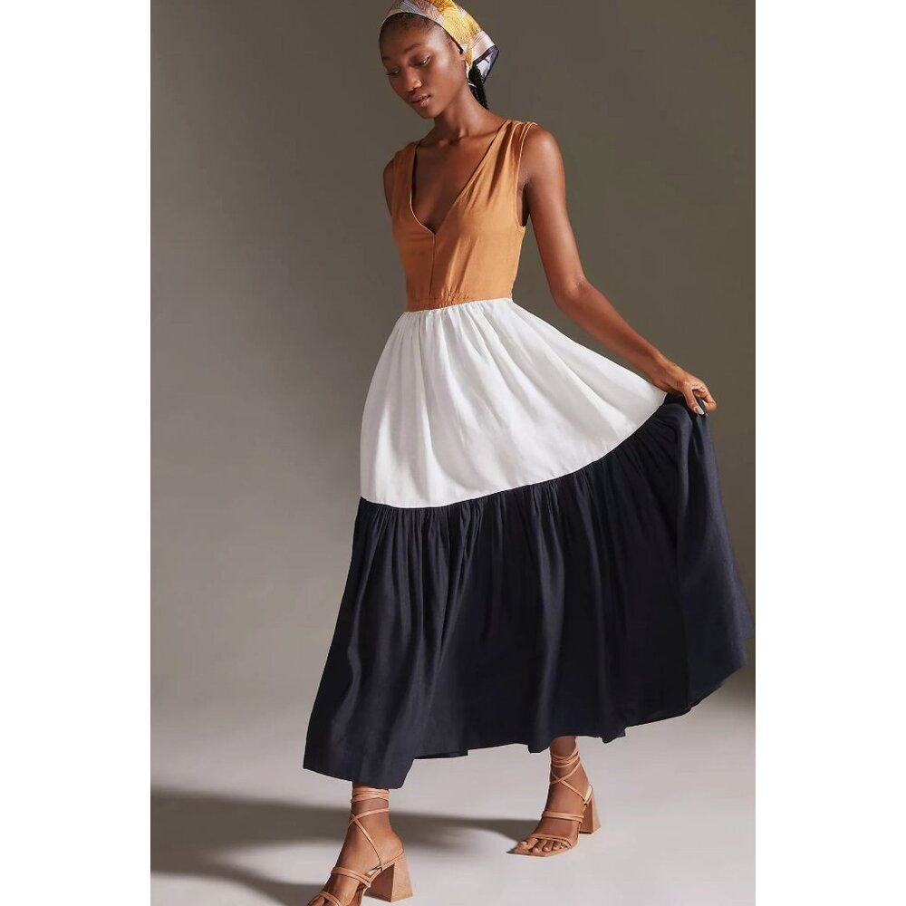 Anthropologie En Saison V-Neck Colorblock Maxi Dress Brown White Navy Medium